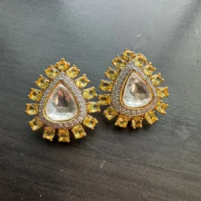 Yellow CZ & Kundan Polki Studs